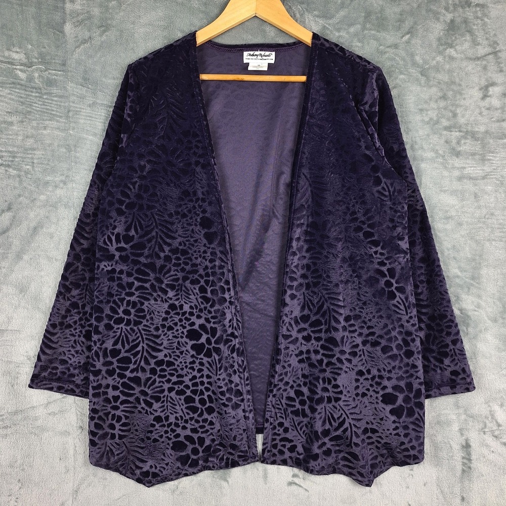 Womens Top Medium Purple Velvet Burnout Whimsigoth Open Front Dark Floral Kimono